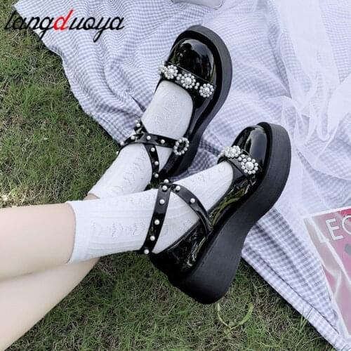 Japanese Lolita Shoes Star Buckle Strap Mary Janes Women Cross-tied Platform Shoe Patent Leather Girls Rivet Casual Shoes