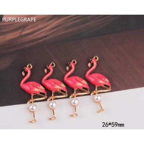 DIY Jewelry Pendant Earring Accessories Hair Accessories Drop Oil Alloy Pearl Flamingo Pendant Material 6pcs PURPLEGRAPE
