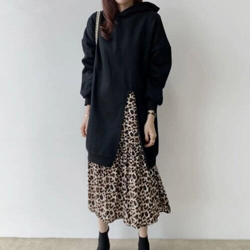 ZAWFL Autumn Winter Women Dresses 2021 Thick Hoodies Patchwork Dresses for Women Loose Leopard Print Maxi Vestidos Female