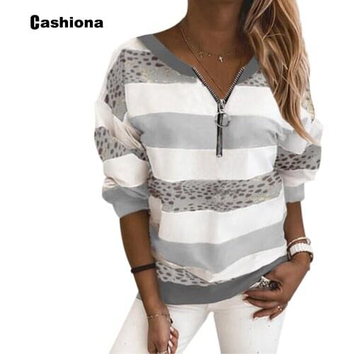 Plus size 4xl 5xl Women Elegant Leisure Casual T-shirt Model Zipper Stripes Print Loose Womens Top 2020 Autumn Tees shirt Femme