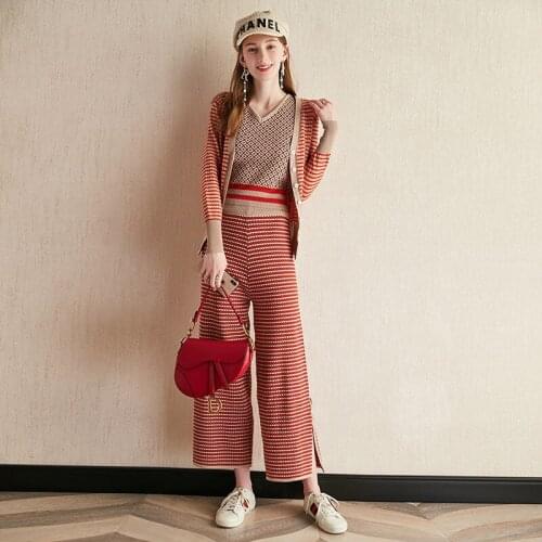 Women Casual Ol Pant Set 2021 Spring Ladies V Neck Vest Top and Cardigan + Wide-leg Pants Suit Knitted Three-piece Suit X588