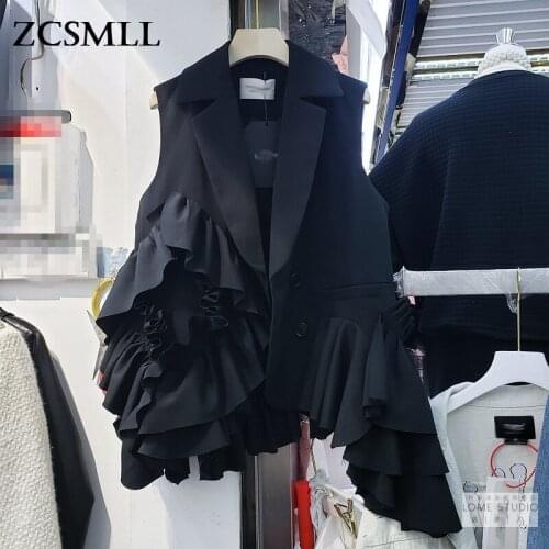 ZCSMLL Suit Collar Irregular Pleated Ruffle Stitching Sleeveless Korean Fashion Black Vest Jacket Women 2021 Autumn New