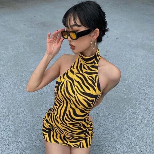 Women Summer Sexy Skinny Sleeveless Criss Cross Halter Neck Mini Dress Fashion Zebra Pattern Hollow Backless Dress