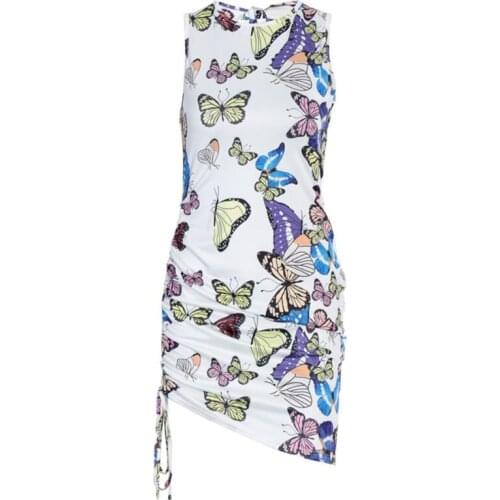 Women Sleeveless Sexy Backless Bandage Bodycon Mini Dress Butterfly Print Ruched Drawstring Asymmetric Party Clubwear