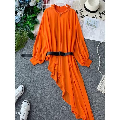 Womens Dress Chiffon Autumn Lantern Sleeve Stand Collar Zipper High Waist Irregular Dress With Belt Woman Vestido Female LS092
