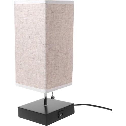1 Set Wood Base Fabric Shade Bedside Table Lamp With USB Port Pull Switch Modern Design Desk Lamp EU/US Plug