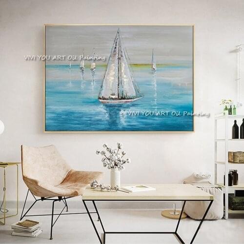 100% Handpainted Sailboat In The Sea Oil Painting On Canvas Modren Abstract Landscape Wall Art Living Room Home Decor Pictures