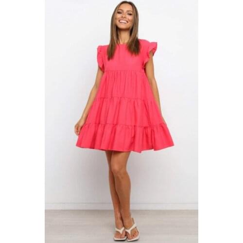 2021 summer ladies New ruffled solid color round neck short skirt loose casual short sleeve plus size