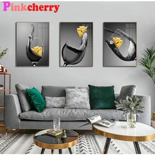 5d Diamond Painting Black Wine Glass with Boat Nordic Room Decoration Diamond Embroidery Mosaic 3Pcs/Set