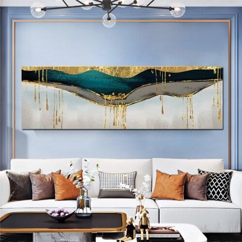Abstract Green Shining Dold Canvas Painting Golden Pigment Poster Modern Wall Art Pictures for Living Room Blue Print Decoration