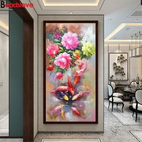 5D DIY Fish Diamond Painting Koi Fish Peony Full Round Square Drill Diamond Embroidery Animal Fish Diamond Mosaic Flowers