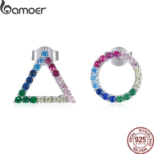 BAMOER Geometric Silver Earrings Real 925 Sterling Silver Asymmetric Rainbow CZ Stud Earring for Women Fine Jewelry BSE482