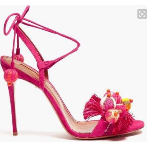 Bohemia Summer Woman Pompon Sandals Gladiator Roman Strappy Ankle Heels Embroidered Tassel Shoes Flats