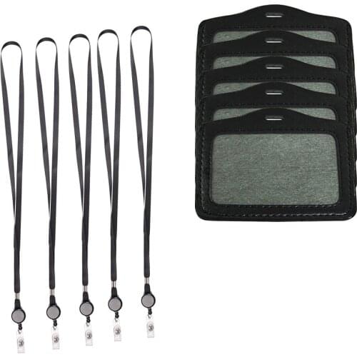 5 Pcs Horizontal Style Black Leather Business ID Badge Card Holder with 5 Pcs Black Color Retractable Lanyard Neck Strap Band