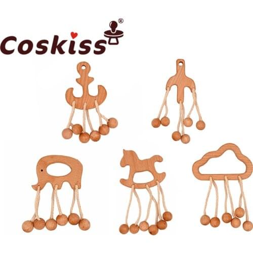 Coskiss Baby Toys Beech Wood Teething Animal Cartoon Wooden Bead Baby Stroller Toy Making Noise Rattle Gift DIY Baby Rattle