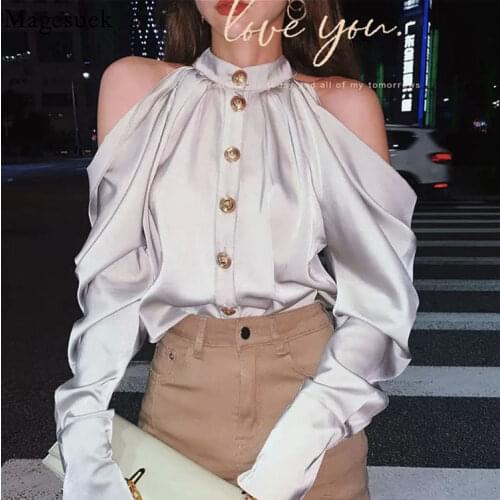 Elegant Sexy Off-shoulder Women Blouse Pleated Long Sleeve Spring Casual Chiffon Shirt Stand Collar Loose Top New Blusas 15950