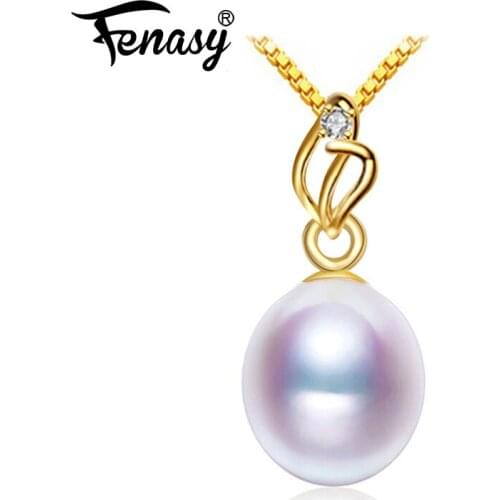 FENASY 18K Gold Pendant Natural Freshwater Pearl Charms Au750 Yellow Gold Wedding Engagement Jewelry With 925 Silver Necklace