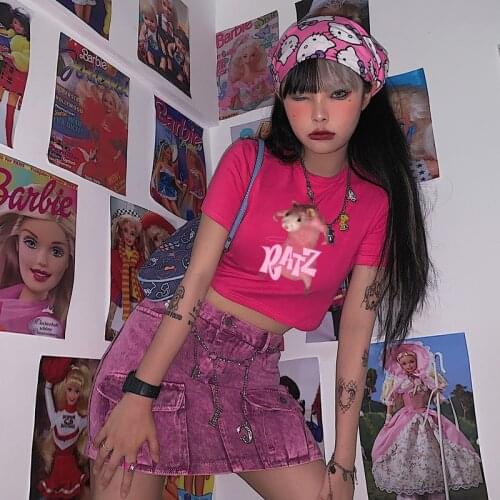 RATZ mouse kawaii summer femme t-shirts Short sleeve harajuku Loose pink tees shirt Streetwear gothic women clothing tops Y2K