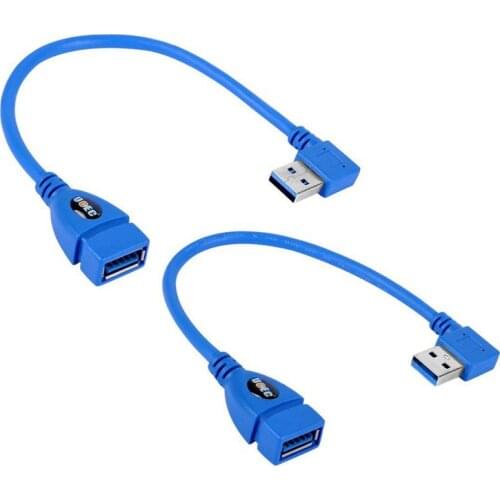Quality SHORT SuperSpeed USB 3.0 Male to Female Extension Cable, 90 Degree Adapter Connection, Left and Right Angle - Blue(Pack