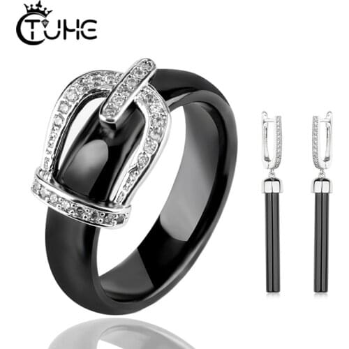 Classic Black White Ceramic Jewlery Set 6mm Belt Symbol Ceramic Ring With Long Ceramic Earrings For Women Fashion New Year Gift