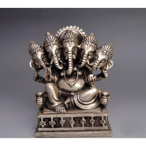 Collectible Decorated Old Handwork Tibet Silver Carved Trunk Buddha Statue