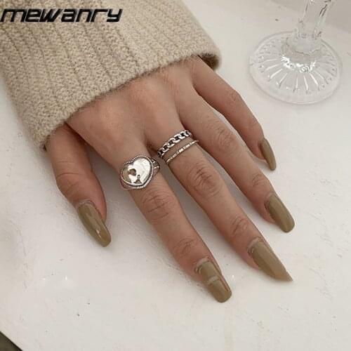 Mewanry 925 Sterling Silver Sweet Love Heart Chain Rings for Women New Fashion Vintage Elegant Party Jewelry Gifts