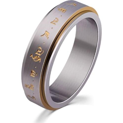 Mens Simple Fashion Ring Buddha Rotation Spinning Mantra Letter Printing Finger Ring Male Titanium Steel Delicate Jewelry