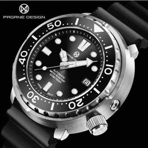 PAGRNE DESIGN Diver Mens Watch Sapphire Glass 300M Waterproof Automatic Watches Top Brand Ceramic Bezel Mechanical Wristwatch