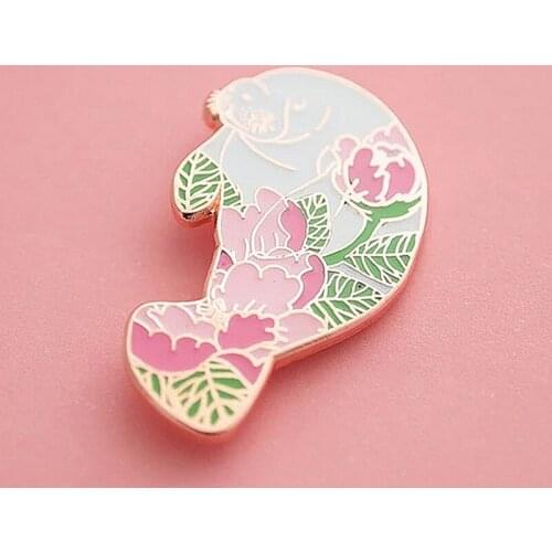 Peony Manatee Protection Enamel Brooch Pin Backpack Hat Bag Collar Lapel Pins Badges Women Mens Fashion Jewelry Accessories