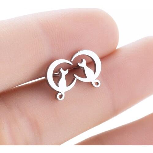 Sasusp Personalize Earrings For Girls New Year Gifts Stainless Steel Cat sitting on the Moon Earings Ear Studs For Women