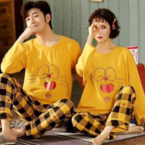 Cute Yellow Couple Pajamas Sets Round Collar Pijamas Mujer Cotton Nightwear Loose Comfort Lattice Long Pant Sleepwear