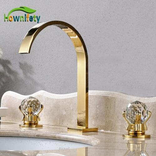Shiny Gold Bathroom Faucet Dual Crystal Handle Hot Cold Mixer Crane Bathtub Faucet Deck Mount Tub Faucets