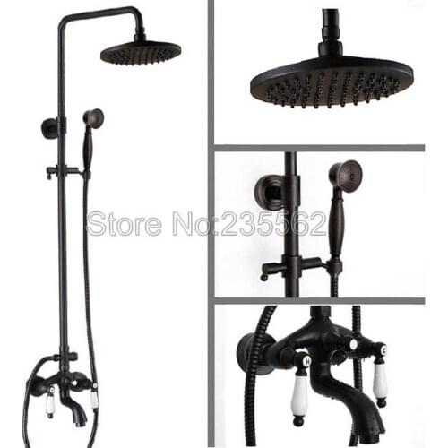 Bathroom Rain Shower Faucet Set Black Oil Rubbed Wall Mounted Dual Handle Bathtub Mixer Tap Brass Finish with Hand Shower lrs404