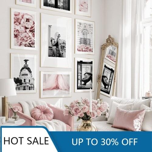 Modern Fashion Girl Nordic Pink Flower Style Wall Art Canvas Painting Posters and Prints Black White For Living Home Decoration