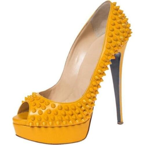 Moraima Snc Yellow Rivets Studded High Heel Shoes Sexy Peep Toe 14cm Thin Heels Platform Pumps Women Party Dress Shoes