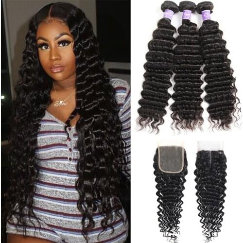 Deep Wave Bundles With Closure 3 Bundles Human Hair Bundles With Closure Free Part 4*4 Brazilian Hair Weave Bundlese Remy Hair