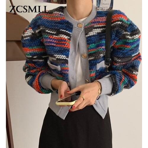 ZCSMLL Korean chic autumn winter round neck color matching single breasted loose long sleeve color striped sweater for women