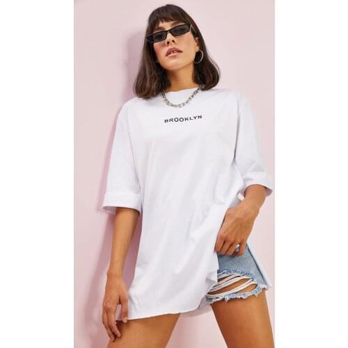Womens Ecru Brooklyn Printed Boyfriend T-Shirt Casual Sport Casual Wear Street Fashion Summer Outfits Teen Designer Dresses