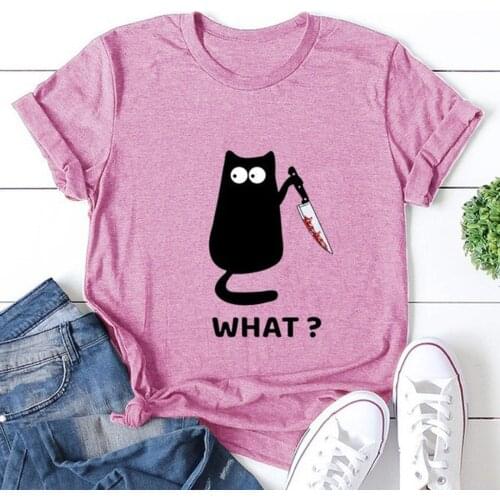 @40 Black Cat Tshirt Murderous Cat Knife Women Funny T Shirt Short Sleeve Halloween Tops Tees Femme Camisetas Verano Mujer 2020