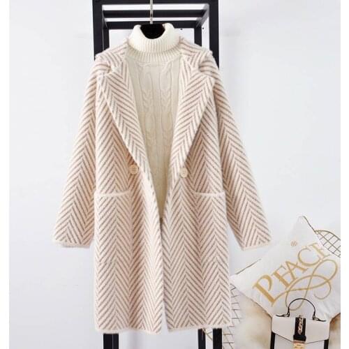 Women 2020 Autumn Winter Faux Mink Fur Coat Female Fashion Casual V-neck Knitted Cardigans Ladies Thick Warm Sweater Outwear S25