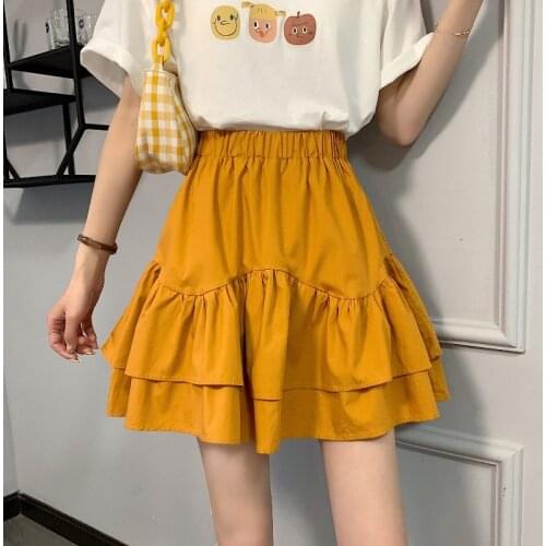 Yellow Ruffles Pleated Mini Skirt Womens 2021 Summer Fashion High Waist A-line Cake Skirt Korean Style Causal Slim Y2k Skirt