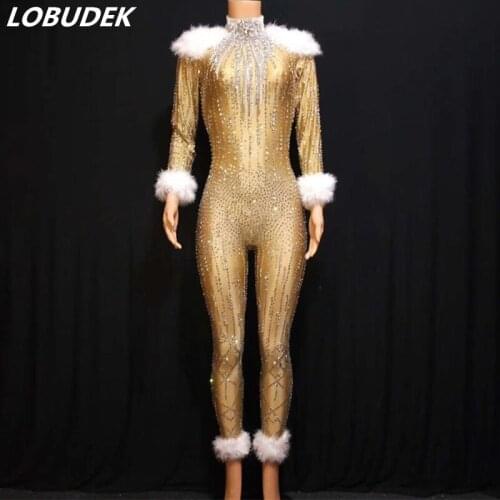 Champagne Gold Rhinestones Feathers Skinny Jumpsuit Female Crystals Leotard Stage Wear Singer Host Nightclub Performance Costume