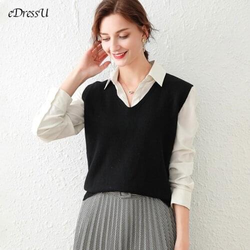 EDressU Sweater Vest Woman Knitted Waistcoat Loose Autumn Winter Sleeveless Jumper V-Neck Casual Office Lady Tops HW-036