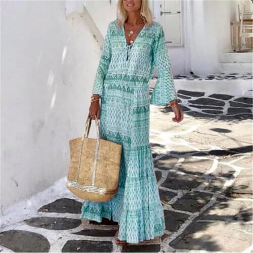 Boho Geometric Print Long Maxi Dress for Women Autumn Elegant Long Flare Sleeve Ruffled Dresses Beach Holiday Plus Size Clothes