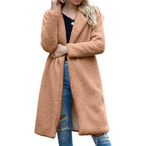 Women Winter Faux Fleece Long Sleeve Lapel Warm Coat Jacket Open Front Overcoat Long Cardigan Coat Warm Winter Outwear Jackets