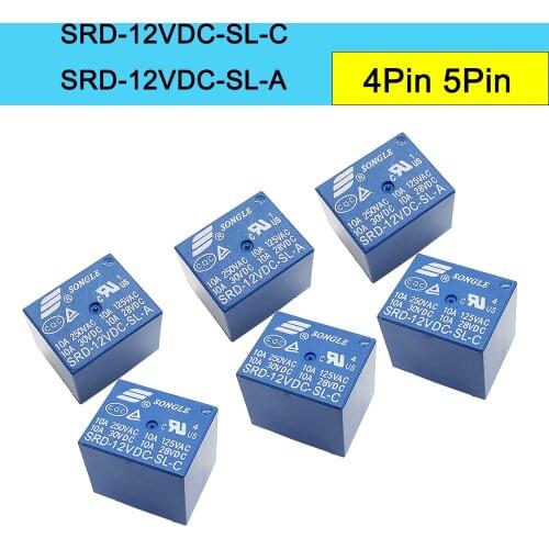 10Pcs/Lot DC 12V Power Relays Auto Universal 10A Songle SRD-12VDC-SL-C SRD-12VDC-SL-A 4Pin 5Pin PCB Mount Relay Electrical Buddy