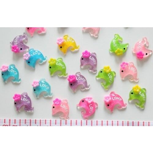 250 pcs Clear Glitter Bling Resin kawaii Love Dolphin cabochons 20x18mm free shipping assorted colors