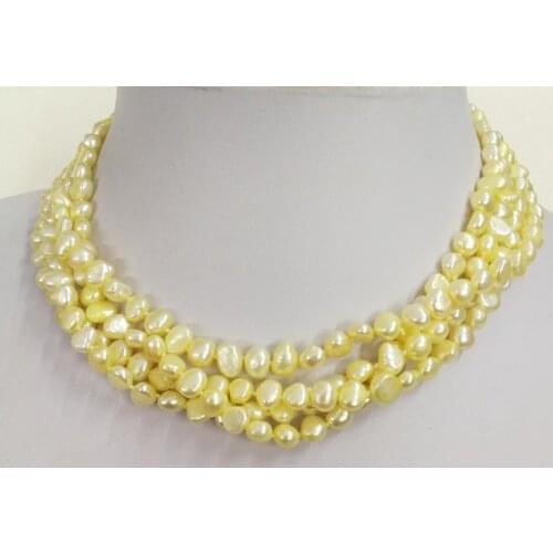 4 strands 6x7mm light yellow baroque flat pearl choker necklace natural freshwater pearl Woman Jewelry 14'' 35cm 43cm 17