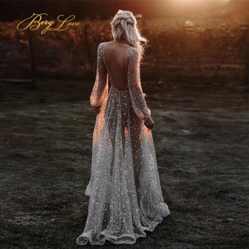 Berylove A Line Sexy Wedding Dresses Glitter Sequin Side Slit Bride Dress Backless Transparent Shiny Wedding Gown Bridal Dress