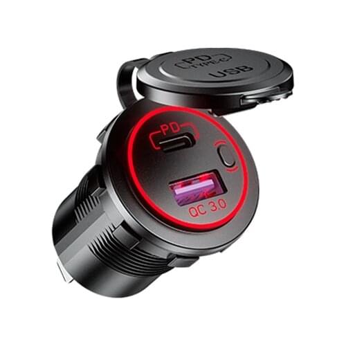 Quick Charge 3.0 PD Car Charger 12V/24V 36W QC3.0 USB-C Voltmeter ON/Off Switch for Marine Boat Motorcycle Truck Golf Cart